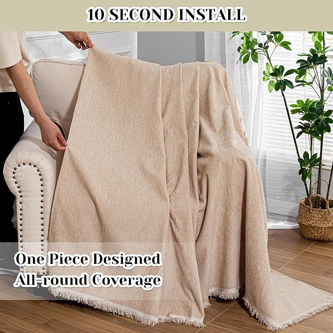 MEETSKY Sofa Covers Armchair Single Couch Cover for Dogs,Throw Couch Cover with Tassel Recliner Chair Recliner Cover Washable 1 Cushion Couch Chenille Couch Protector, 71"x 91", Khaki