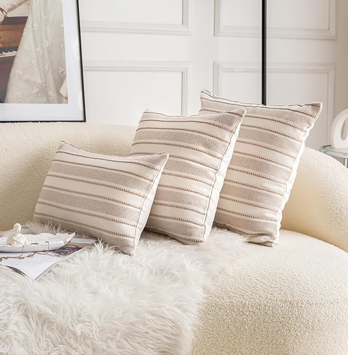 Decorative Boho Throw Pillow Covers, Farmhouse Textured Pillow Case, 18 x 18 Inch Set of 2, Chair Sofa Bedroom Living Room Home Decor Couch Cushion Case, Taupe and Beige Striped