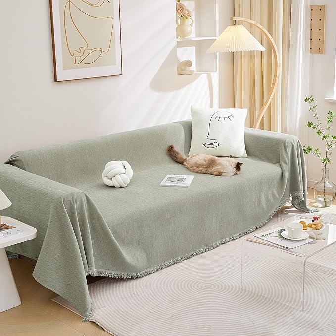 MEETSKY Green Sofa Covers for Dogs - 2 Cushion Chenille Slipcover for Sectional L-Shaped Couch - Pets Protector Furniture Cover, 71" x 134", Sage Green
