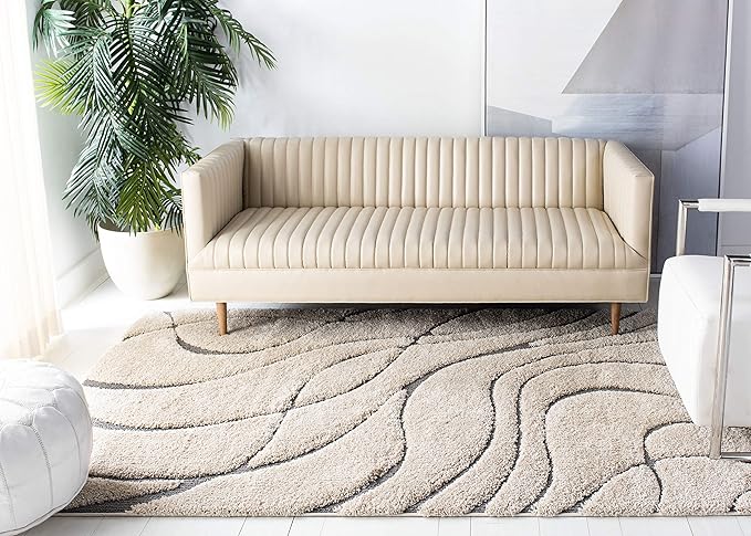 SAFAVIEH Florida Shag Collection Area Rug - 8'6" x 12', Cream & Grey, Non-Shedding & Easy Care, 1.2-inch Thick Ideal for High Traffic Areas in Living Room, Bedroom (SG471-1180)