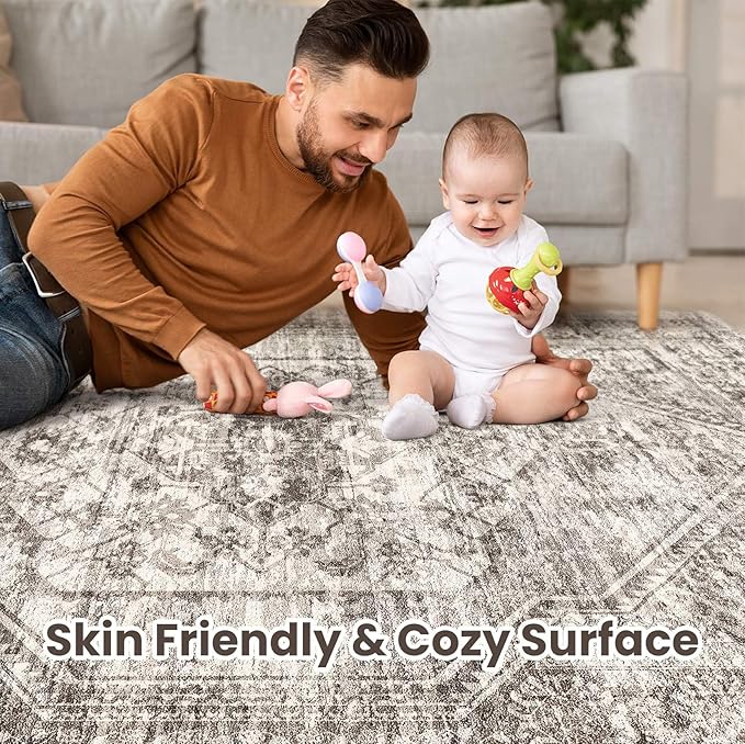 Vintage Living Room Area Rug 5x7 - Large Soft Washable Oriental Traditional Distressed Farmhouse Rugs for Bedroom - Indoor Floor Accent Carpet for Home Office House Decor - Distressed Brown