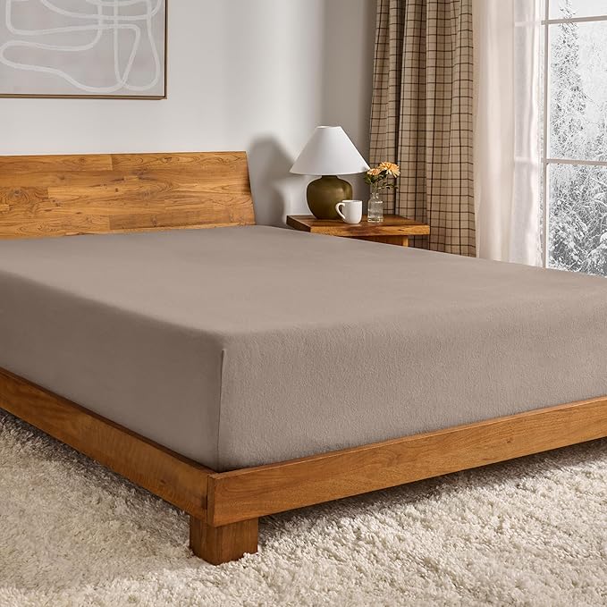 Bare Home Flannel Fitted Bottom Sheet 100% Cotton Twin Extra Long, Velvety Soft Heavyweight - Double Brushed Flannel - Deep Pocket (Twin XL, Taupe)