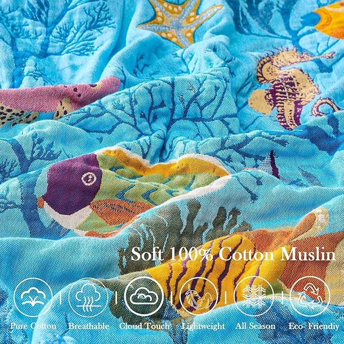 Blue Boho Blanket, 60"x80" Soft Farmhouse Decorative Throw Blanket, 100% Cotton Reversible Vintage Muslin Quilt Bohemian Decor Woven Blanket All Season Blankets for Sofa Couch Chair