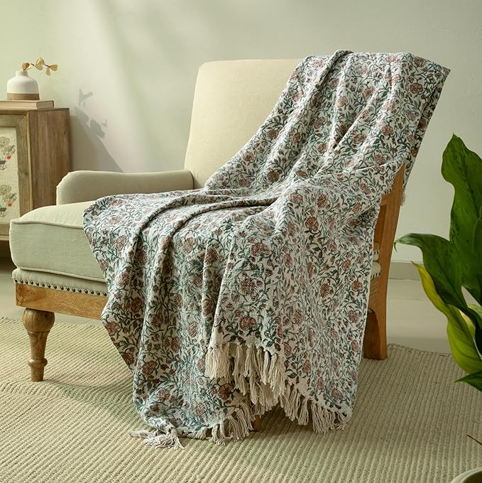 100% Pure Cotton Handblock Printed Throw Blanket, Soft 50" x 60" Fringed Floral Print Throw for Couch, Sofa, Chair, Bed - Cozy, Machine Washable, Comfortable Home Decor