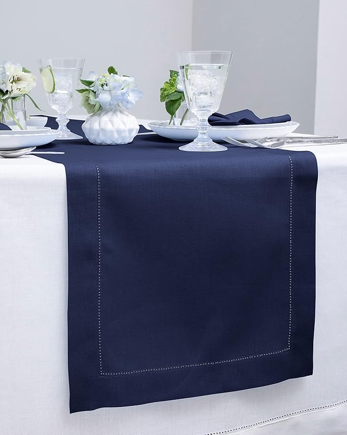 Solino Home Linen Navy Blue Table Runner 48 Inches - Classic Hemstitch, 100% Pure Linen Coffee Table Runner 14 x 48 Inch Ideal for Dresser Tables - Christmas, Holiday, New Year