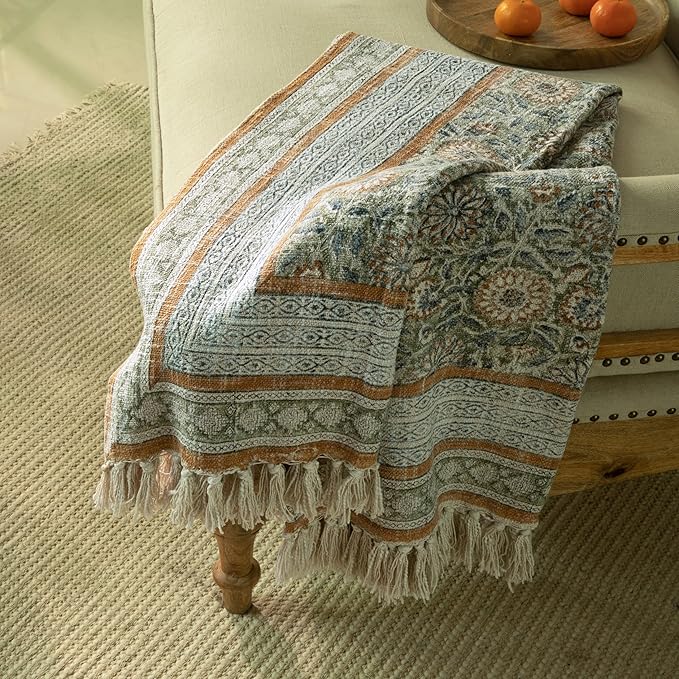 100% Pure Cotton Handblock Printed Throw Blanket, Soft 50" x 60" Fringed Floral Print Throw for Couch, Sofa, Chair, Bed - Cozy, Machine Washable, Comfortable Home Decor