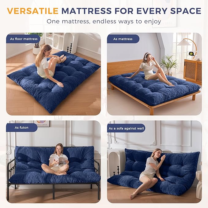 MAXYOYO Japanese Floor Mattress Full Size, 6" Foldable Futon Mattress Tufted Roll Up Floor Bed, Thick Chenille Tatami Mat Sleeping Pad for Camping Guest Room Dormitory Bedroom RV, Navy