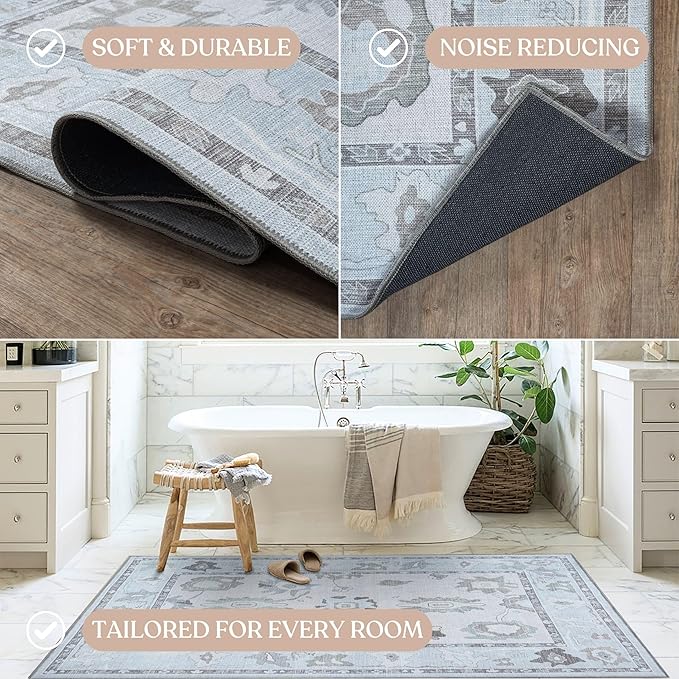 Fame Living Cream Beige Oushak Rug, Modern, Vintage, Turkish, Eclectic, Floral, Pastel, Washable, Large Area Rugs for Living Room, Dining, Bedroom, Girls, Boys, 7'5"x9'8"