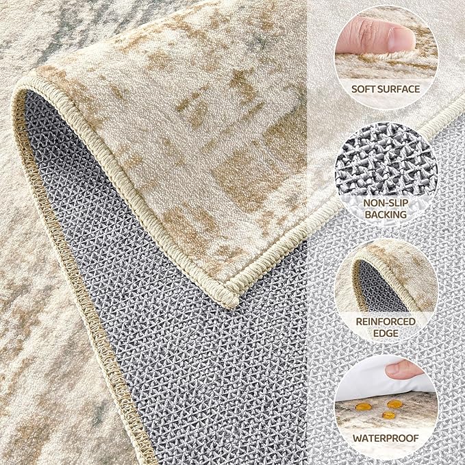 Area Rug for Living Room: 7x9 Washable Neutral Abstract Modern Soft Rugs Non Slip Indoor Floor Stain Resistant Large Carpet for Bedroom Dining Room Office Nursery - Golden Brown