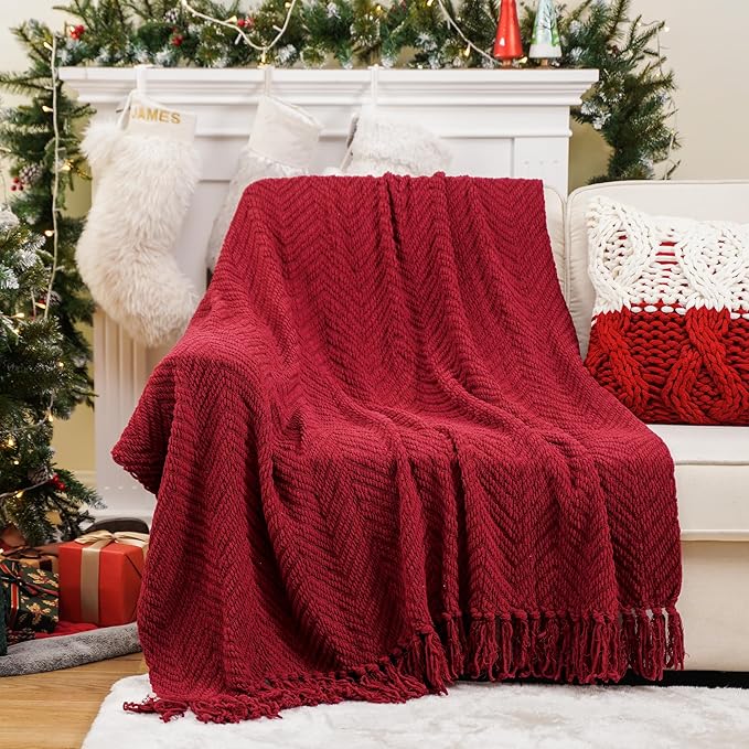 BATTILO HOME Christmas Decor Red Throw Blanket for Couch, Knit Throw Blanket for Bed, Super Soft Cozy Warm Red Christmas Blankets for Winter Couch Bed Sofa, 60"x80"