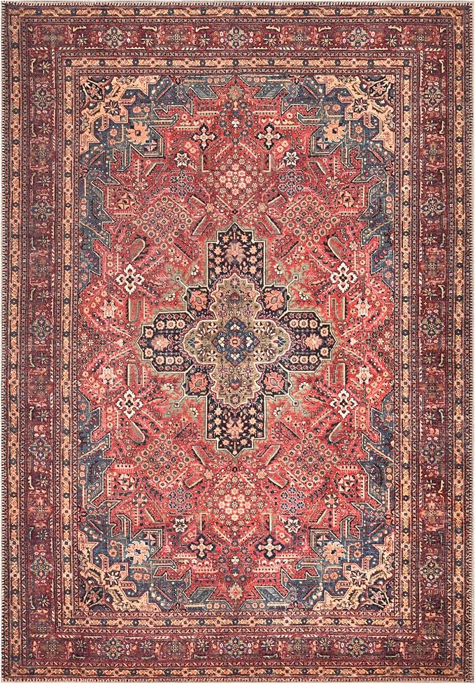 Bloom Rugs Washable Non-Slip 6' x 9' Rug - Red/Teal Blue/Yellow Traditional Medallion Area Rug for Living Room, Bedroom, Dining Room, and Kitchen - Exact Size: 6' x 9'