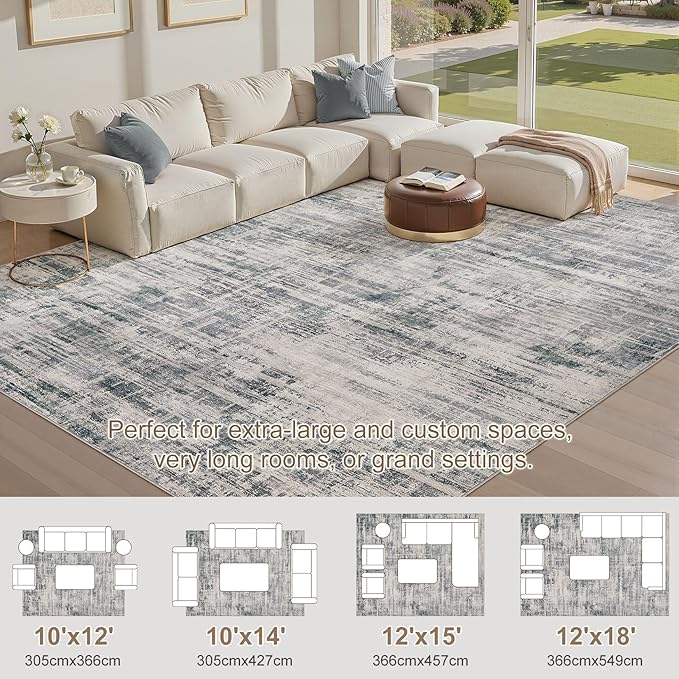 Area Rug for Living Room: 10x14 Washable Neutral Abstract Modern Soft Rugs Non Slip Indoor Floor Stain Resistant Large Carpet for Bedroom Dining Room Office Nursery - Gray