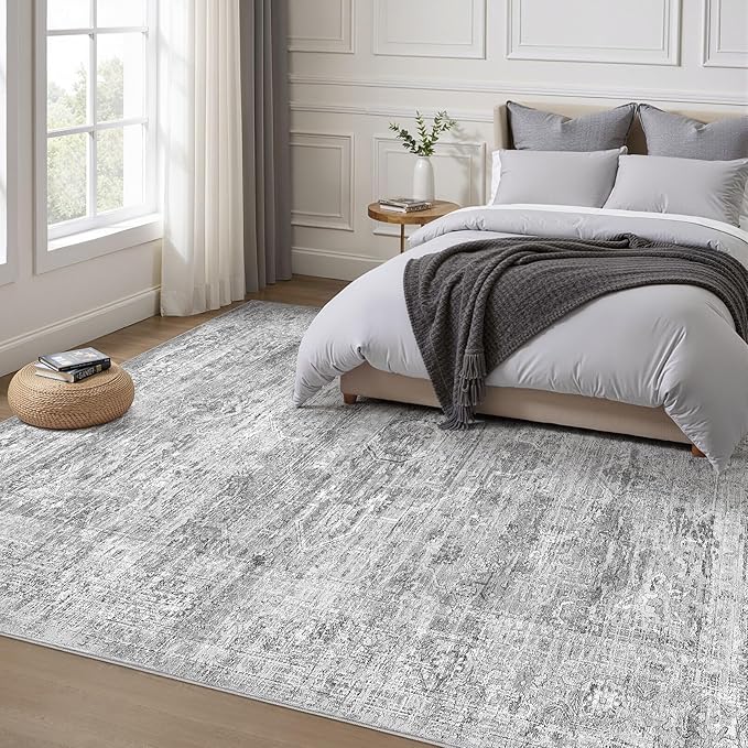 Grey Rug 5x7 Area Rugs: Washable Boho Large Vintage Neutral Soft Rug Stain Resistant Farmhouse Non-Slip Indoor Floor Carpet for Living Room Bedroom Playroom Office Dining Room Apartment Dorm