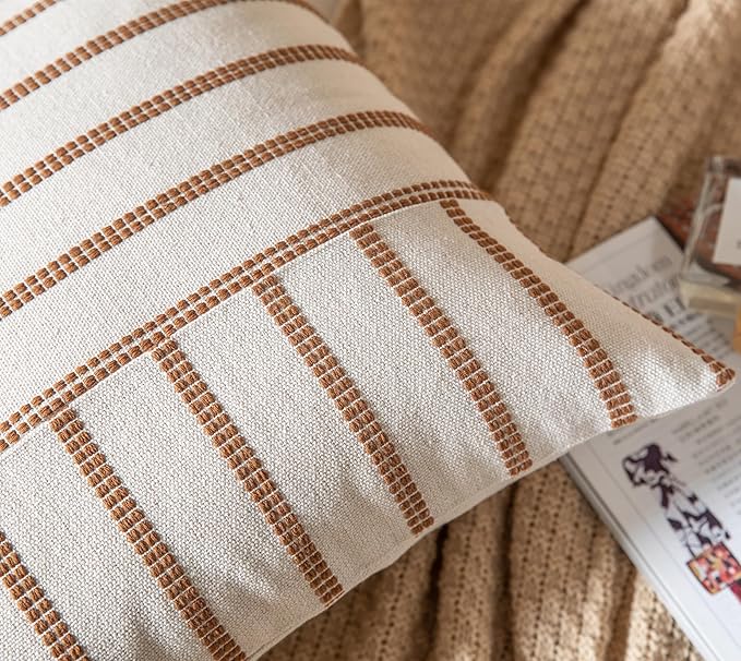 Caflife Boho Throw Pillow Covers 12x20 Set of 2 Soft Farmhouse Decorative Couch Pillow Cases Brown Striped Pillow Covers Neutral Cushion Covers for Sofa Bed Living Room Home Decor