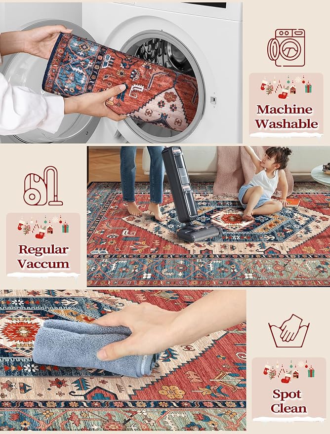 SERISSA Runner Rug for Hallways, 3x12 Washable Non Slip Kitchen Runner Rug, Extra Long Boho Rug Ultra Soft Vintage Rust Print Floor Carpet for Bedroom Hallway Entryway Bathroom Laundry Room