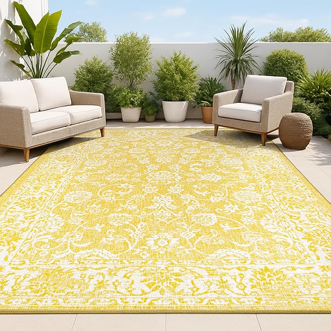 JONATHAN Y Weave Floral Indoor Outdoor Area Rug 8X10 Yellow/Cream, Tela Bohemian Textured for Backyard, Patio, Porch, Easy-Cleaning, High Traffic, Pet-Friendly, Non-Shedding (SMB100E-8)