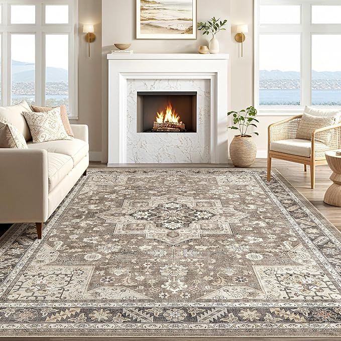 Vintage Living Room Area Rug 6x9 - Large Soft Washable Oriental Traditional Distressed Farmhouse Rugs for Bedroom - Indoor Floor Accent Carpet for Home Office House Decor - Brown