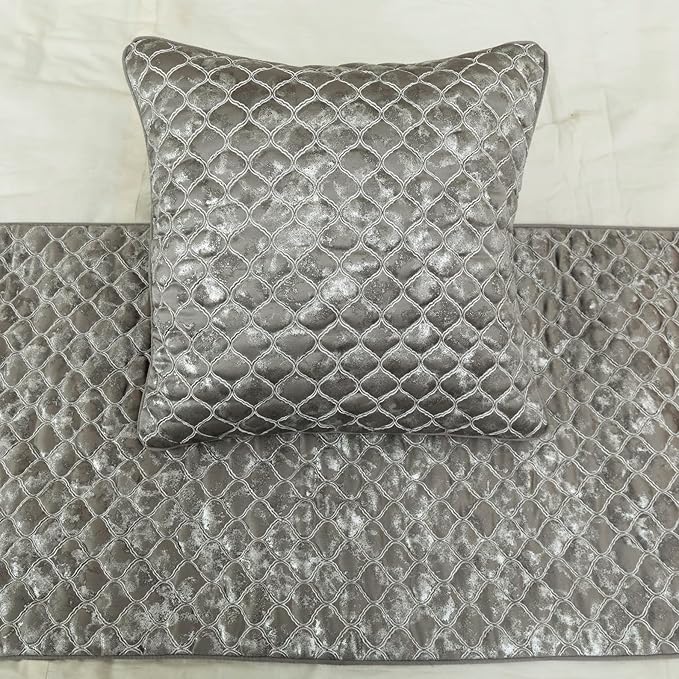 The HomeCentric King/Queen/Twin Grey & Silver Designer Queen 74"x18" Bed Runner with 2 Pillow Cover, Quilted, Foil & Trellis Bed Scarf on Silk Fabric - Jumanah