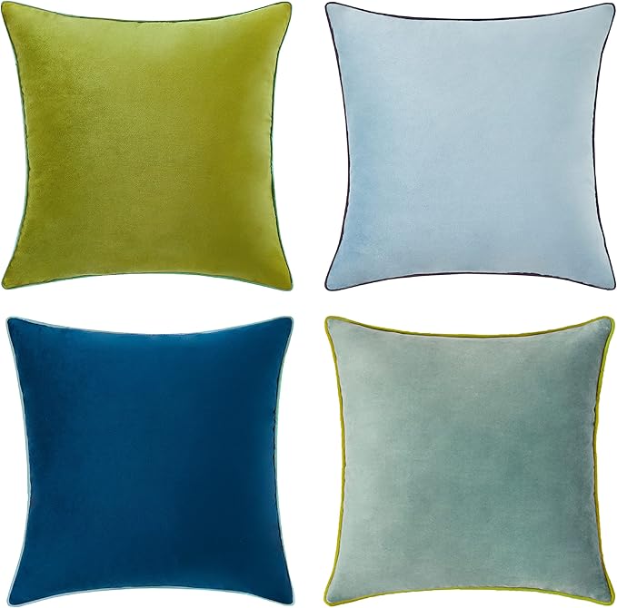MONDAY MOOSE Decorative Throw Pillow Covers Cushion Cases, Set of 4 Soft Velvet Modern Double-Sided Designs, Mix and Match for Home Decor, Pillow Inserts Not Included (18x18 inch, Green/Blue)