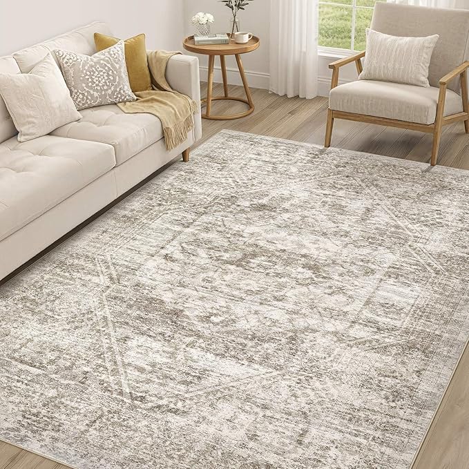 Vintage Living Room Area Rug 6x9 - Large Soft Washable Oriental Traditional Distressed Farmhouse Rugs for Bedroom - Indoor Floor Accent Carpet for Home Office House Decor - Distressed Light Brown