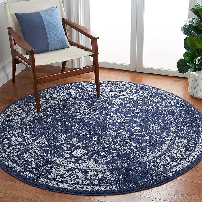 SAFAVIEH Adirondack Collection Area Rug - 6'7" Round, Navy & Ivory, Distressed Vintage Floral Design, Non-Shedding & Easy Cleaning, Ideal for Living Room, Bedroom, Dining Space (ADR109N)