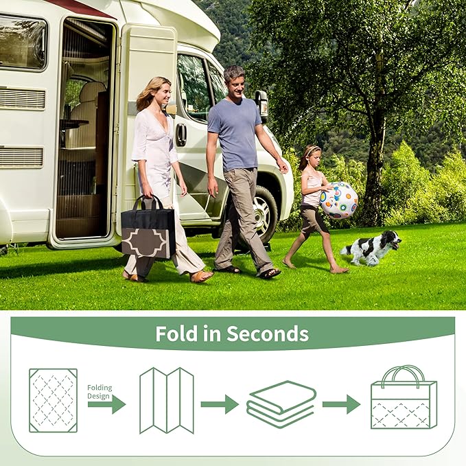 GENIMO 5' x 8' Outdoor Rug Waterproof for Patio Decor, Foldable Reversible Plastic Straw Area Rugs Mat for Camper, Outside Carpet for Rv, Deck, Porch, Picnic, Beach, Balcony, Coffee & Beige