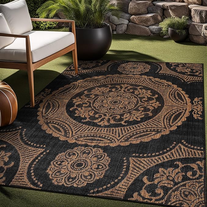 Medallion Outdoor Rug 10x14 Washable Outside Carpet for Indoor Patio Porch Waterproof Easy Cleaning Non Shedding Area Rugs Nut Brown 10 x 14