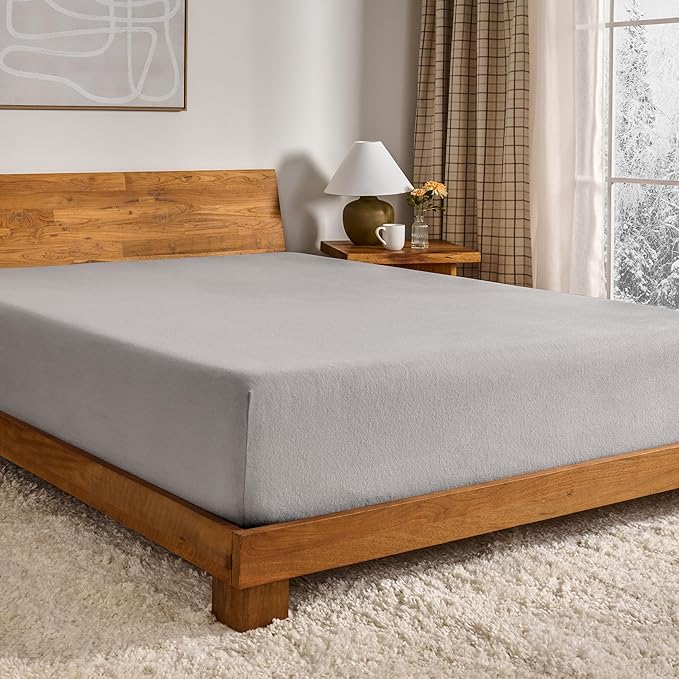 Bare Home Flannel Fitted Bottom Sheet 100% Cotton, Velvety Soft Heavyweight - Double Brushed Flannel - Deep Pocket (King, Light Grey)