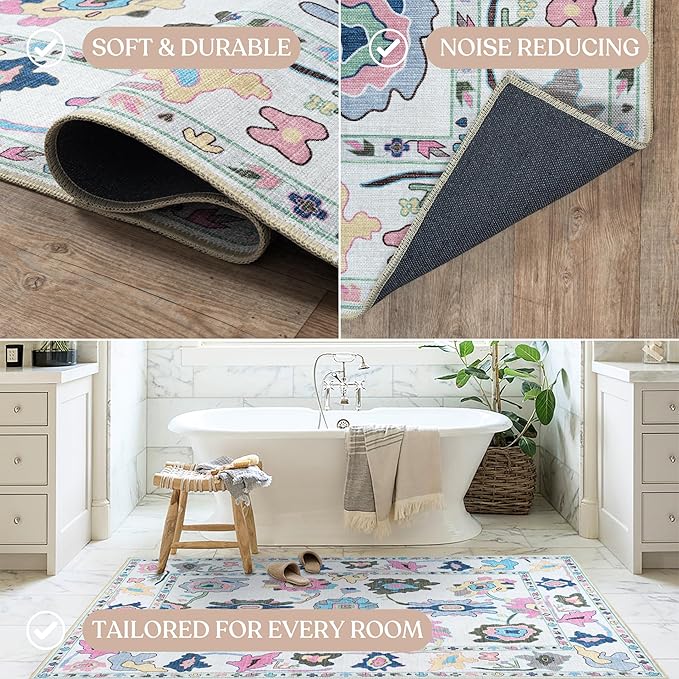 Fame Living Colorful Oushak Rug, Modern, Vintage, Turkish, Eclectic, Floral, Pastel, Washable, Large Area Rugs for Living Room, Dining, Bedroom, Girls, Boys, 7'5"x9'8"