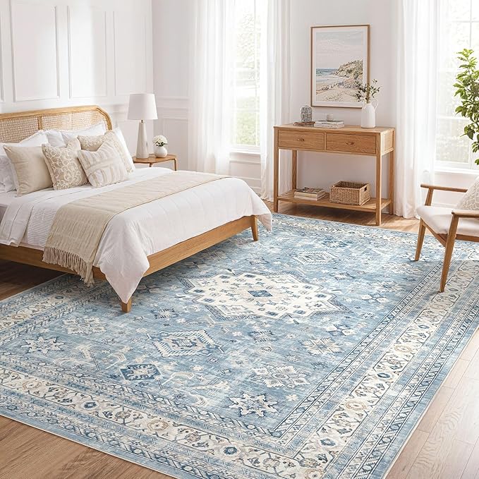 Vintage Living Room Area Rug 5x7 - Large Soft Washable Oriental Traditional Distressed Farmhouse Rugs for Bedroom - Indoor Floor Accent Carpet for Home Office House Decor - Blue