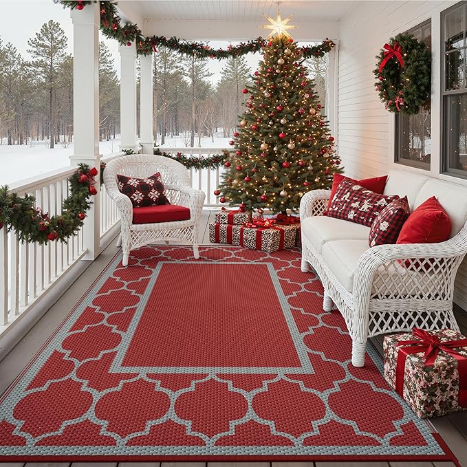 GENIMO 6' x 9' Outdoor Rug Waterproof for Patio Christmas Decor, Foldable Reversible Plastic Straw Area Rugs Mat for Camper, Outside Carpet for Rv, Deck, Porch, Picnic, Beach, Balcony, Red & Grey