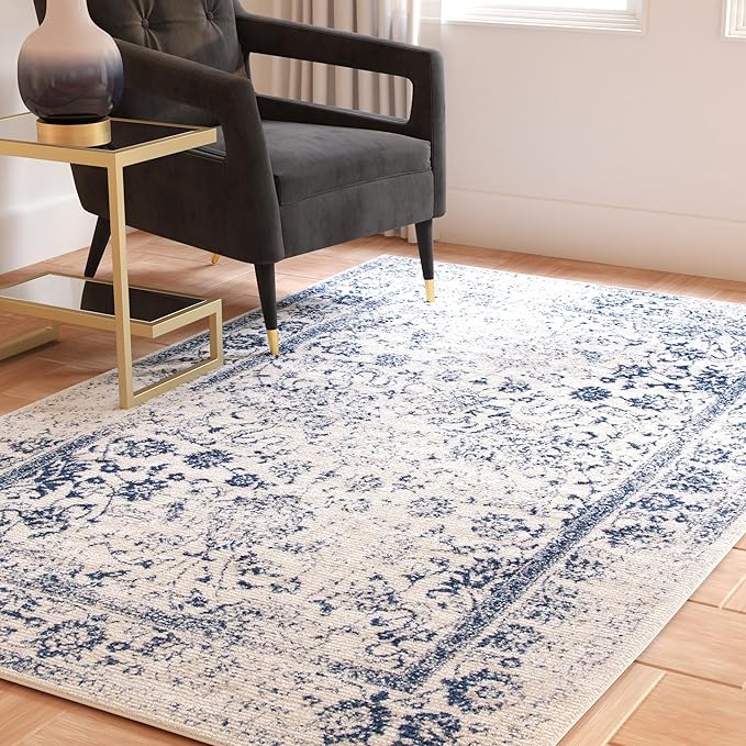 SAFAVIEH Area Rug 3x5 - Adirondack Collection - Ivory & Navy, Distressed Vintage Floral Design, Non-Shedding & Easy to Clean, Ideal for Living Room, Bedroom, Dining Space (ADR109M)