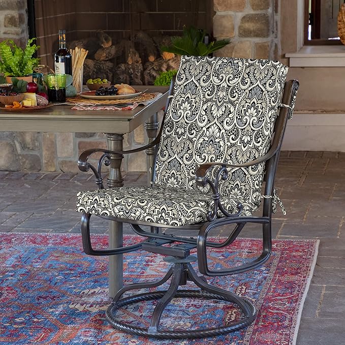 Arden Outdoor Dining Chair Cushion, 20 x 20, Rain-Proof, Fade Resistant, Black Aurora Damask