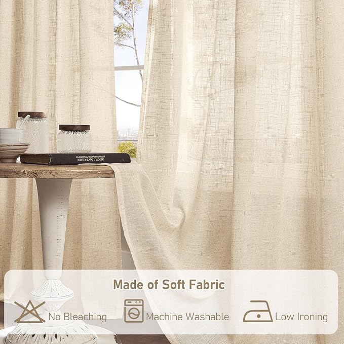 LAMIT 24 Inch Cafe Linen Curtains for Kitchen Window, Semi Sheer Light Filtering Short Curtains Back Tab and Rod Pocket Neutral Drapes for Bathroom/Basement, 2 Panels, Linen, 34 x 24 Inch