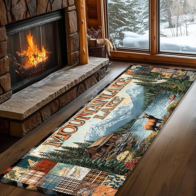 Retro Elk Runner Rug 3.3x10ft with Boat and Alpine Flowers - Bohemian Washable Rug Thick Anti-Fatigue Mat for Entryway, Geometric Art Pattern Living Room Hallway Entrance Decor