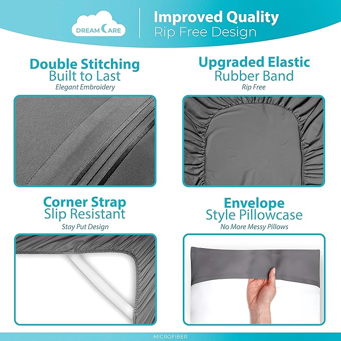 DREAMCARE Twin XL Sheet Sets – 3pcs Cooling Sheets – up to 15” Deep Pocket Twin XL Sheets Set – Hotel Luxury Sheets & Pillowcases – Superior Softness 100% Fine Microfiber with Side Pocket – Gray