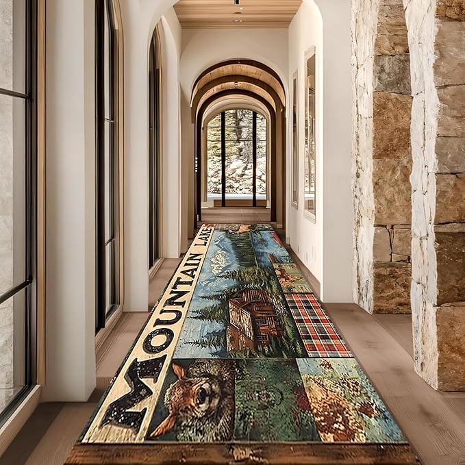 Multi-Color Elk Runner Rug 4x10ft with Floral Mountain Scene - Vintage Washable Floor Mat, Bohemian Rug for Kitchen Corridor, Canvas Art Style Decor