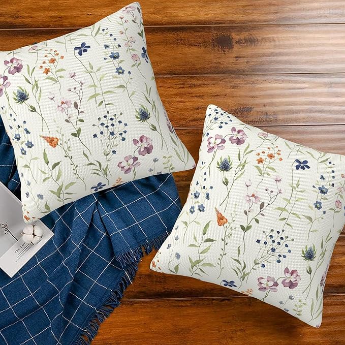 Throw Pillow Covers Spring Summer Floral Pillow Covers 16x16 Inch Set of 2 Watercolor Flowers Throw Pillows Decorative Pillow Cases Cushion Covers for Bedroom Livingroom Sofa Farm House