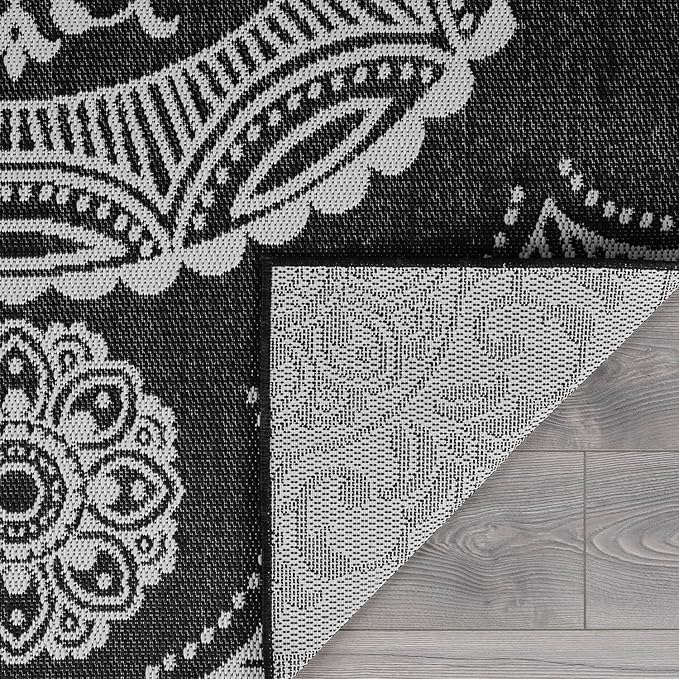Medallion Outdoor Rug 8x10 Washable Outside Carpet for Indoor Patio Porch Waterproof Easy Cleaning Non Shedding Area Rugs Black 8 x 10