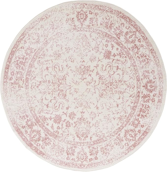 SAFAVIEH Adirondack Collection Area Rug - 5' Round, Ivory & Rose, Distressed Vintage Floral Design, Non-Shedding & Easy to Clean, Ideal for Living Room, Bedroom, Dining Space (ADR109H)