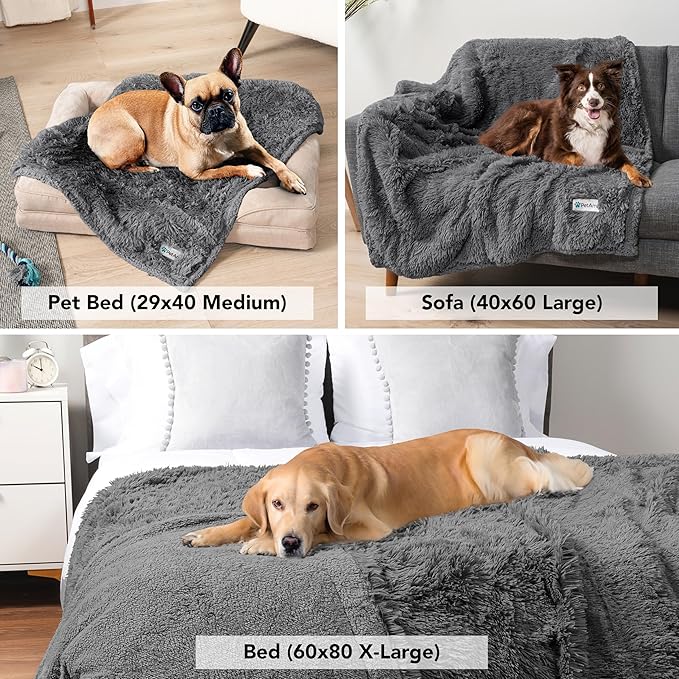 PetAmi Waterproof Dog Blanket for Large Dog, Queen Size Calming Pet Blanket Couch Cover Protector, Sherpa Faux Fur Cat Throw for Sofa Furniture Bed, Soft Fluffy XL, 90x90 Gray