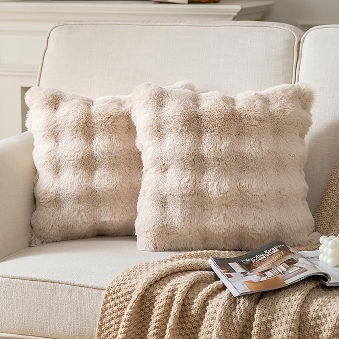 Pack of 2 Thick Plush Throw Pillow Covers Fluffy Wave Faux Fur Decorative Cushion Covers Soft Wool Pillowcase for Sofa Couch Livingroom 26x26 Inch Beige