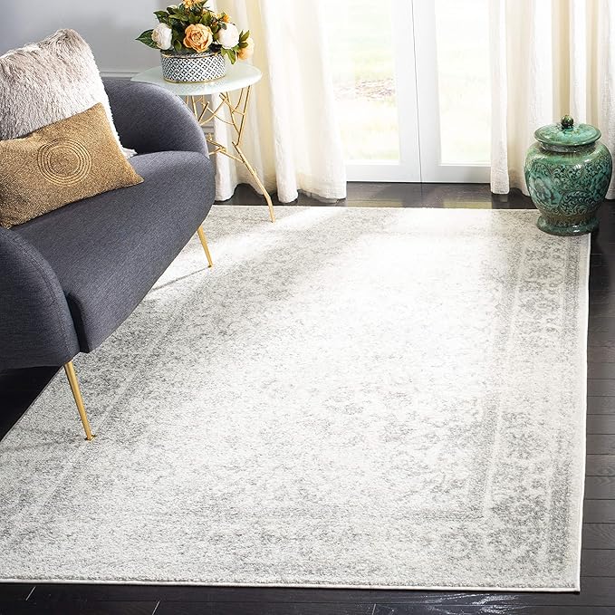 SAFAVIEH Adirondack Collection Area Rug - 9' Square, Ivory & Silver, Distressed Vintage Floral Design, Non-Shedding & Easy to Clean, Ideal for Living Room, Bedroom, Dining Space (ADR109C)