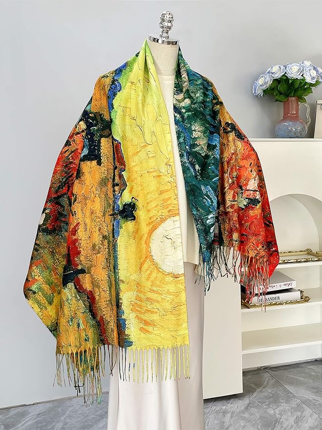 VENVSBEE Reversible Scarf Soft Large Shawl Wrap Blanket Double Sided Art Print Warm Pashmina Stoles Klimt Van Gogh Gifts