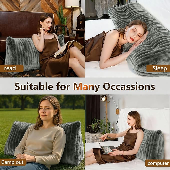 Faux Fur Headboard Pillow Twin Size, Triangular Wedge Backrest with Removable Head Roll & Side Pocket, 100% Linen Reading Pillow for Bed, Couch, Floor - Ergonomic Support for Neck, Back, Dark Grey