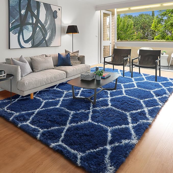 ONASAR Large 6x9 Area Rugs for Living Room, Fluffy Geometric Navy and White Rug for Boys Bedroom Home Decor Aesthetic, Soft Shaggy Plush Floor Carpet for Girls Teen Nursery Playroom Office Dorm