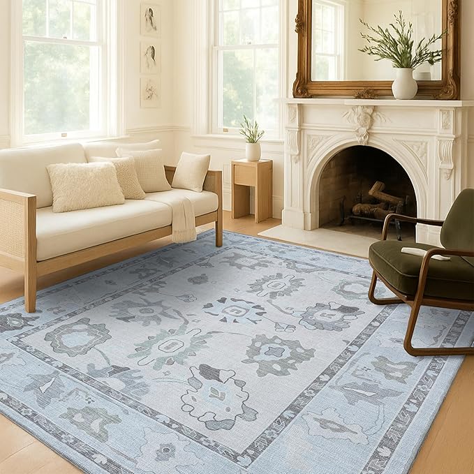 Fame Living Cream Beige Oushak Rug, Modern, Vintage, Turkish, Eclectic, Floral, Pastel, Washable, Oversized, Extra Large Area Rugs for Living Room, Dining, Bedroom, Lounge 9'5"x14'