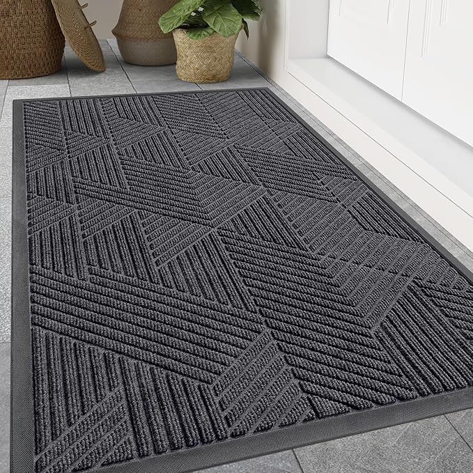 Smiry Front Door Mat Outside Entrance, Heavy Duty Sturdy Natural Rubber Doormat, Trap Dirt and Moisture, Easy Clean Low Profile Mats for Indoor Outdoor Entry, Irregular Triangle (71x24, Medium Grey)