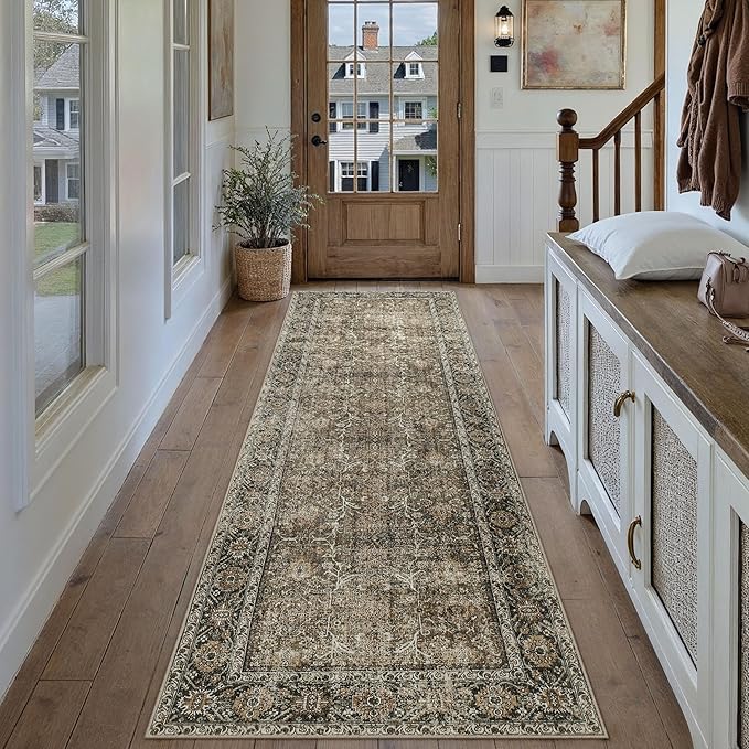 Brown Runner Rug 3x12 Vintage Area Carpet Hallway Long Indoor Kitchen Washable Living Room Low Pile Traditional Distressed Retro Accent Throw Rug Non Slip Laundry Bathroom Office Dining Room