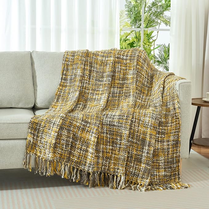 Multi-Color Gold Cable Knitted Throw Blanket for Couch,60"X80" Boho Style Textured Blankets for Home Decor,Super Soft Warm Cozy Chunky Knit Blanket with Decorative Tassels for Bed and Sofa